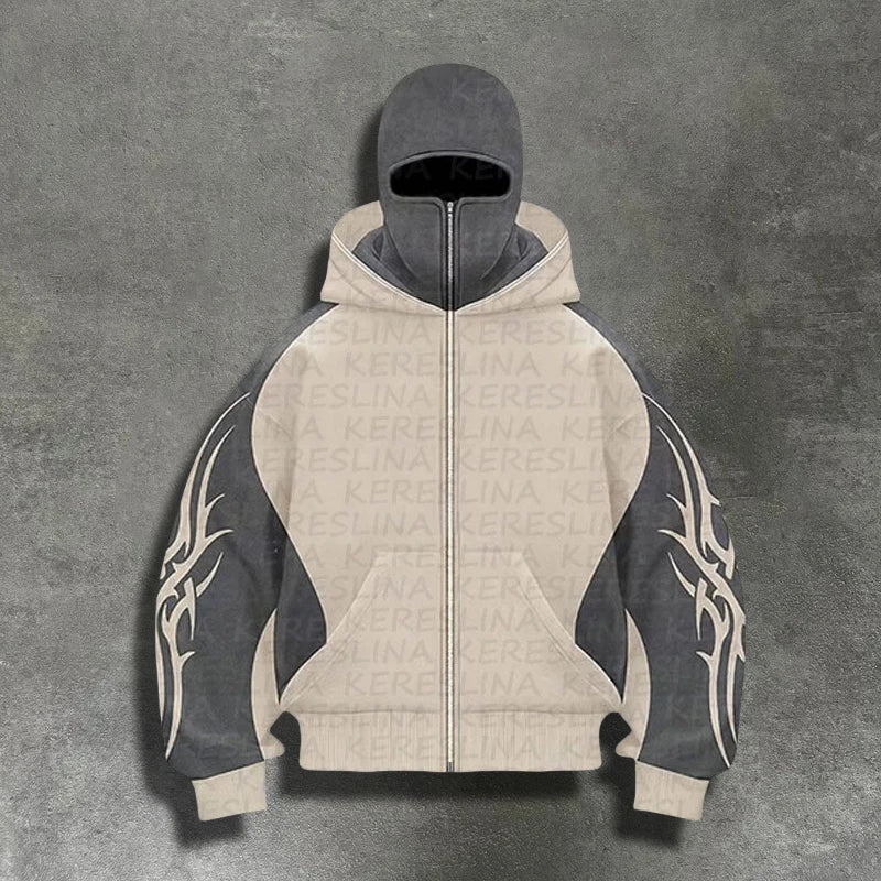 KERESLINA Tribal Tech Zipper Hoodie – Oversized Streetwear Hoodie mit Reißverschluss