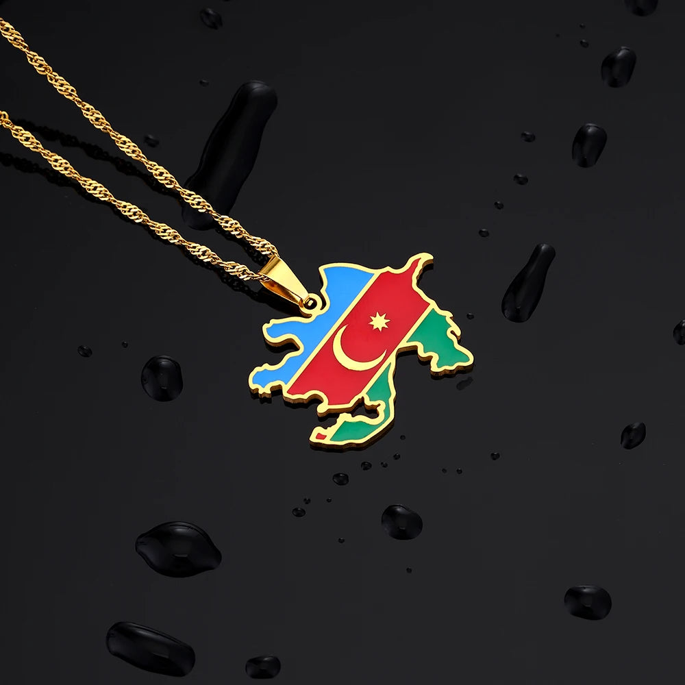 🇦🇿 Aserbaidschan Karte Halskette – Edelstahl Anhänger in Gold & Silber