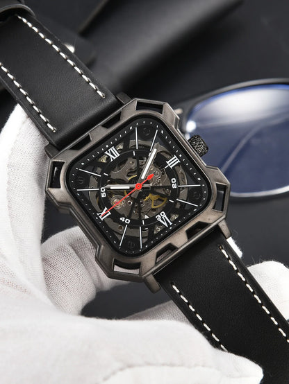 Black Steel Skeleton Automatic – Automatikuhr mit Sichtmechanik & Echtlederarmband