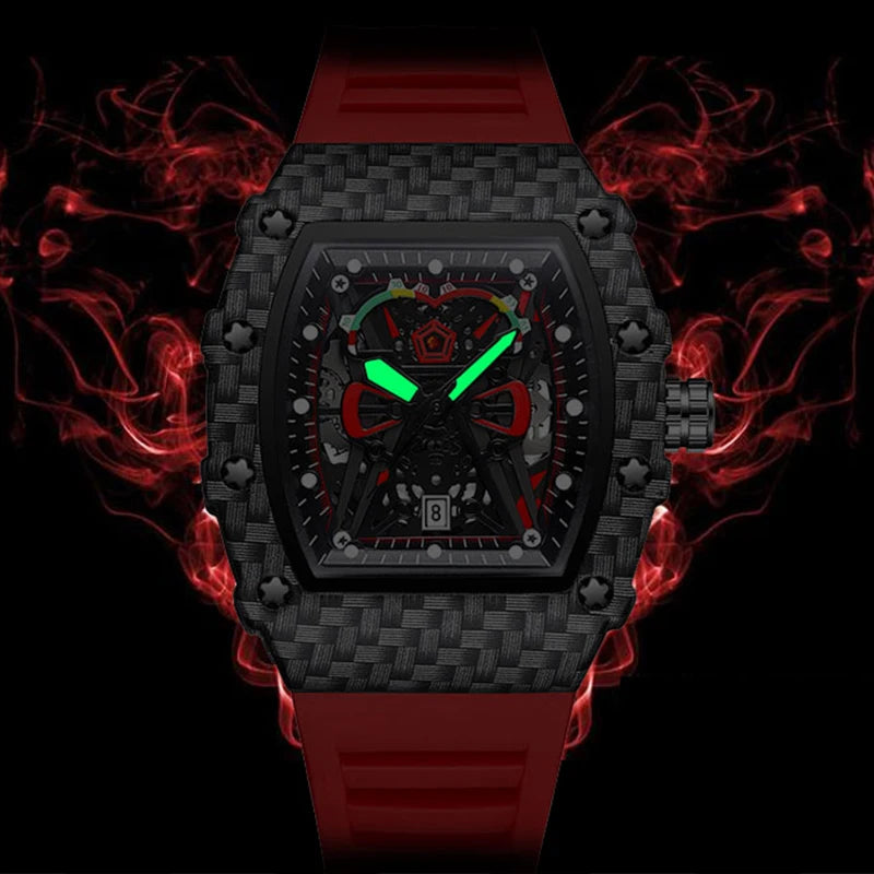 Carbon Sport Automatic – Automatikuhr im Motorsport-Design mit rotem Silikonarmband