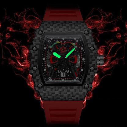 Carbon Sport Automatic – Automatikuhr im Motorsport-Design mit rotem Silikonarmband