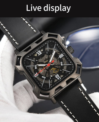 Black Steel Skeleton Automatic – Automatikuhr mit Sichtmechanik & Echtlederarmband