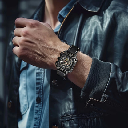 Black Steel Skeleton Automatic – Automatikuhr mit Sichtmechanik & Echtlederarmband