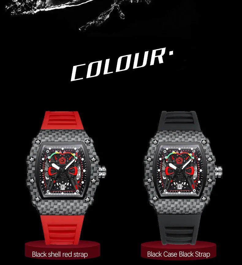 Carbon Sport Automatic – Automatikuhr im Motorsport-Design mit rotem Silikonarmband