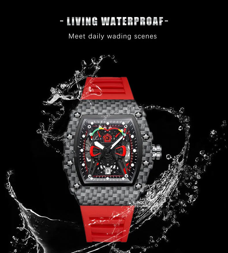 Carbon Sport Automatic – Automatikuhr im Motorsport-Design mit rotem Silikonarmband