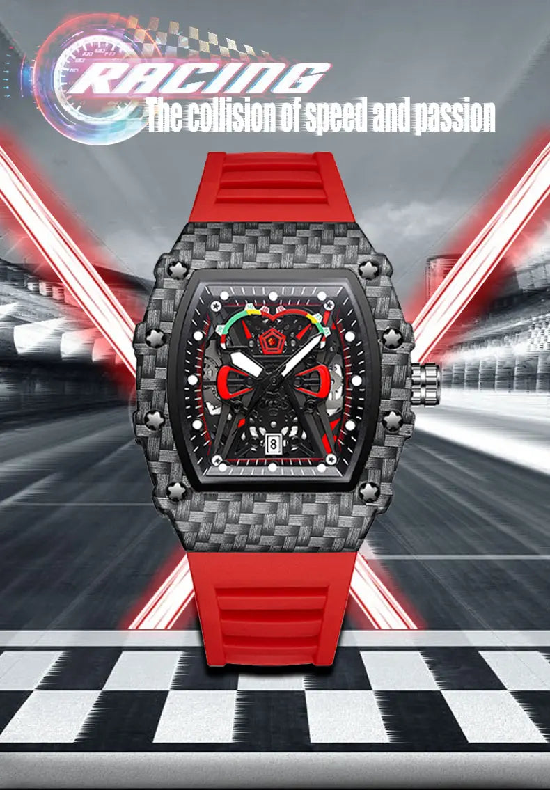 Carbon Sport Automatic – Automatikuhr im Motorsport-Design mit rotem Silikonarmband