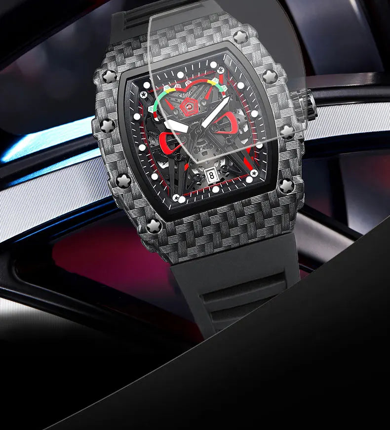 Carbon Sport Automatic – Automatikuhr im Motorsport-Design mit rotem Silikonarmband