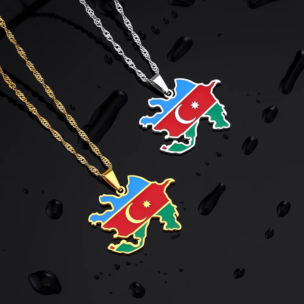 🇦🇿 Aserbaidschan Karte Halskette – Edelstahl Anhänger in Gold & Silber