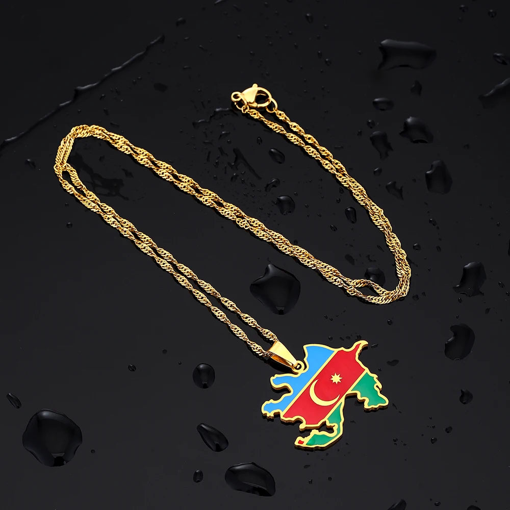 🇦🇿 Aserbaidschan Karte Halskette – Edelstahl Anhänger in Gold & Silber
