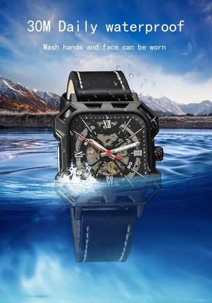 Black Steel Skeleton Automatic – Automatikuhr mit Sichtmechanik & Echtlederarmband