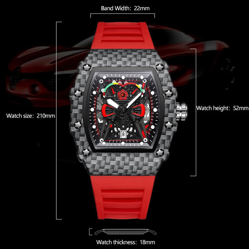 Carbon Sport Automatic – Automatikuhr im Motorsport-Design mit rotem Silikonarmband