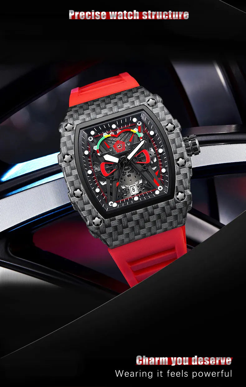 Carbon Sport Automatic – Automatikuhr im Motorsport-Design mit rotem Silikonarmband
