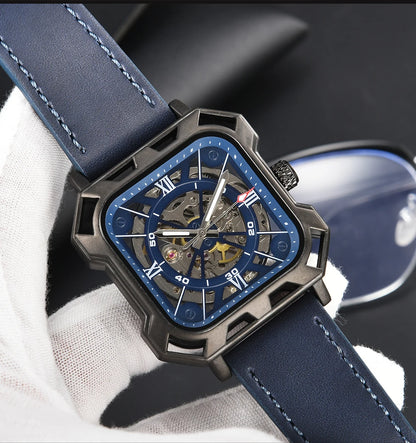 Black Steel Skeleton Automatic – Automatikuhr mit Sichtmechanik & Echtlederarmband