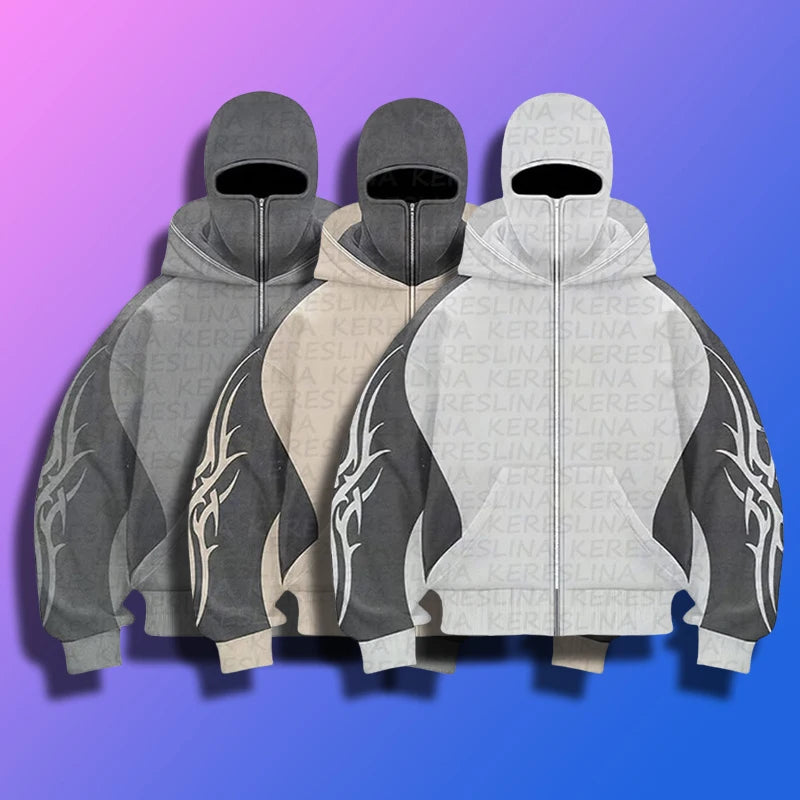 KERESLINA Tribal Tech Zipper Hoodie – Oversized Streetwear Hoodie mit Reißverschluss