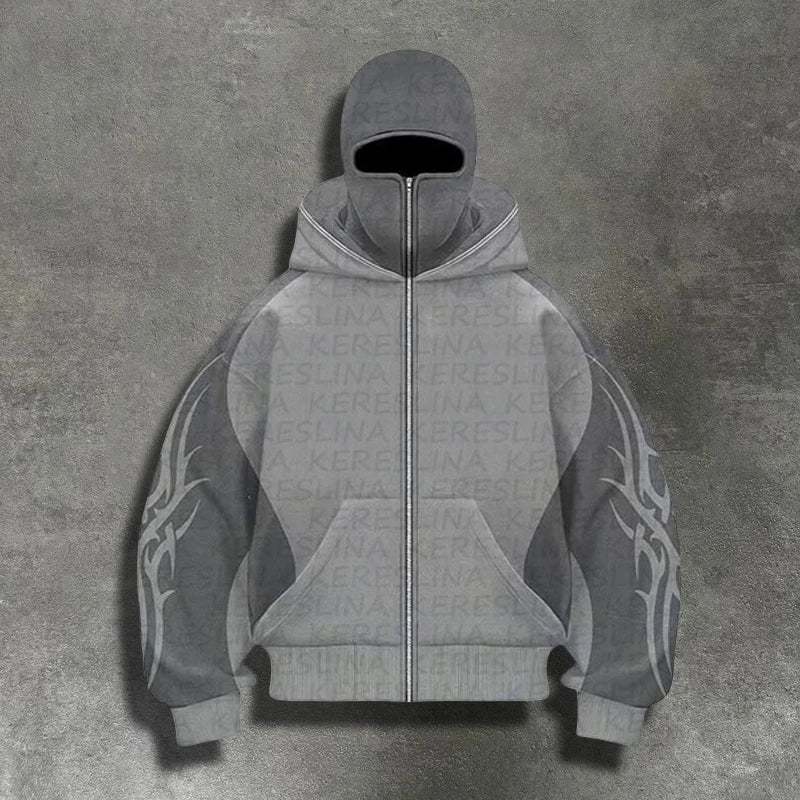 KERESLINA Tribal Tech Zipper Hoodie – Oversized Streetwear Hoodie mit Reißverschluss