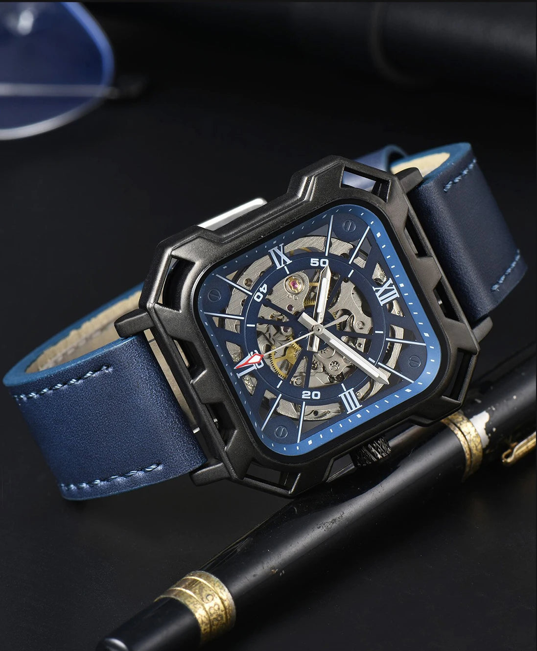 Black Steel Skeleton Automatic – Automatikuhr mit Sichtmechanik & Echtlederarmband