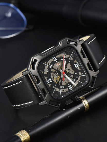 Black Steel Skeleton Automatic – Automatikuhr mit Sichtmechanik & Echtlederarmband